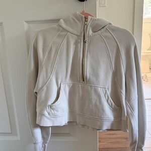 Lulu Lemon Women's cropped scuba 3/4 zip Cream Hoodie, gold zipper